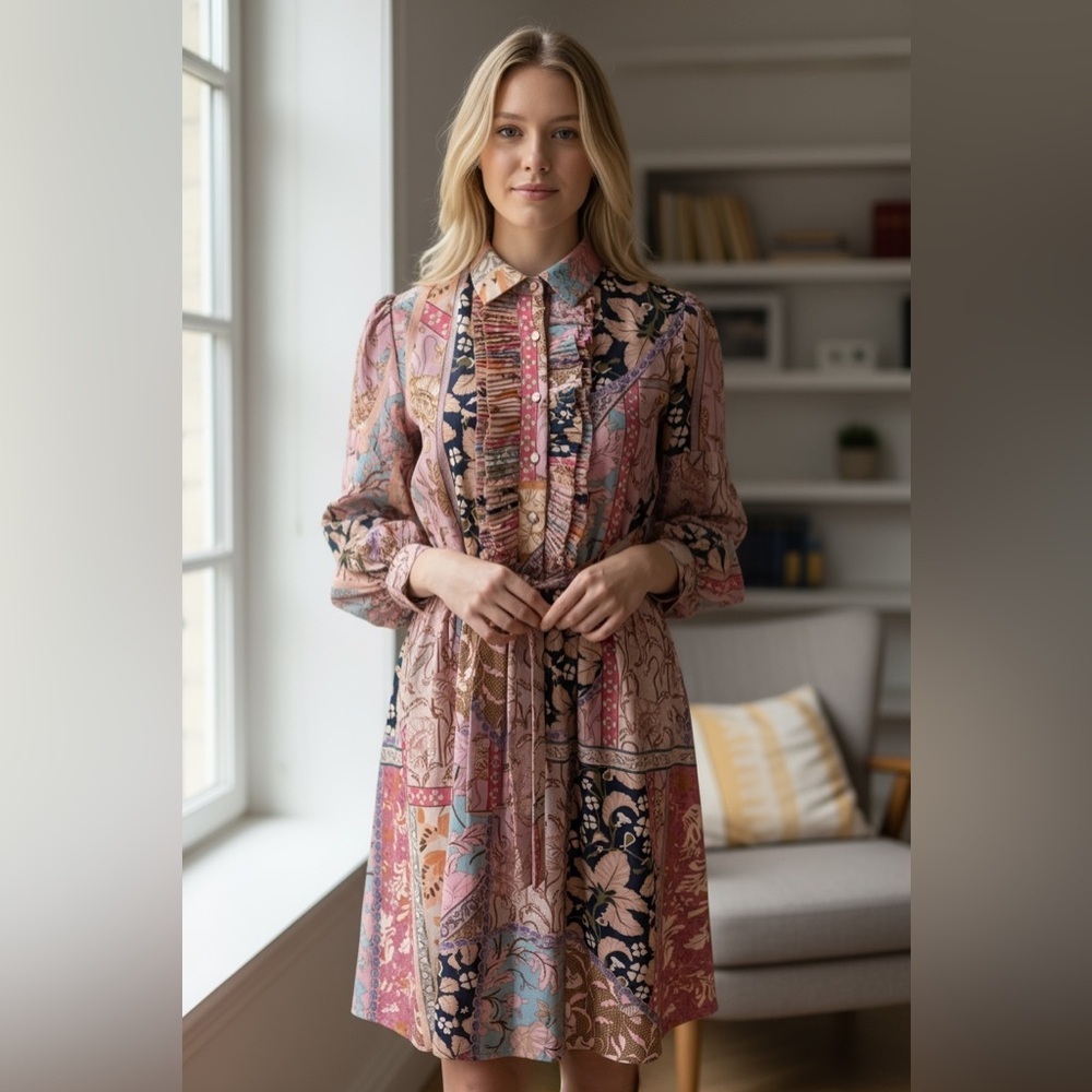 Porter Boho Patchwork Floral Ruffle Dress Romantic Artsy Teen Girl 16